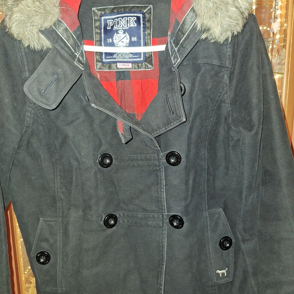 PINK Victoria's Secret Black Peacoat with Red Plaid Lining and Faux Fur Trim - Picture 5 of 16
